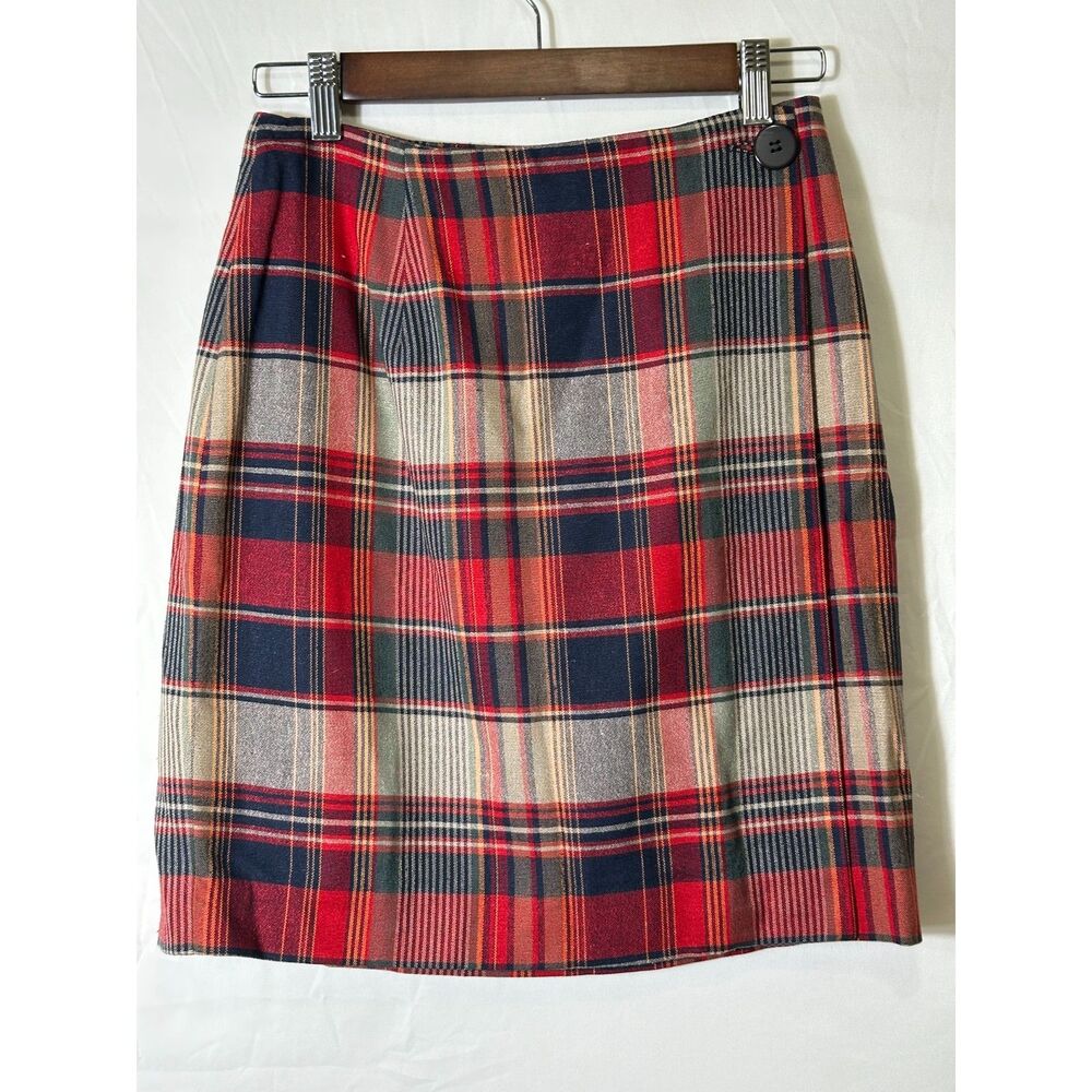 Vintage BOHO Chic Preppy Women's Silk Blend Tartan Plaid Wrap Mini Skirt Size 6